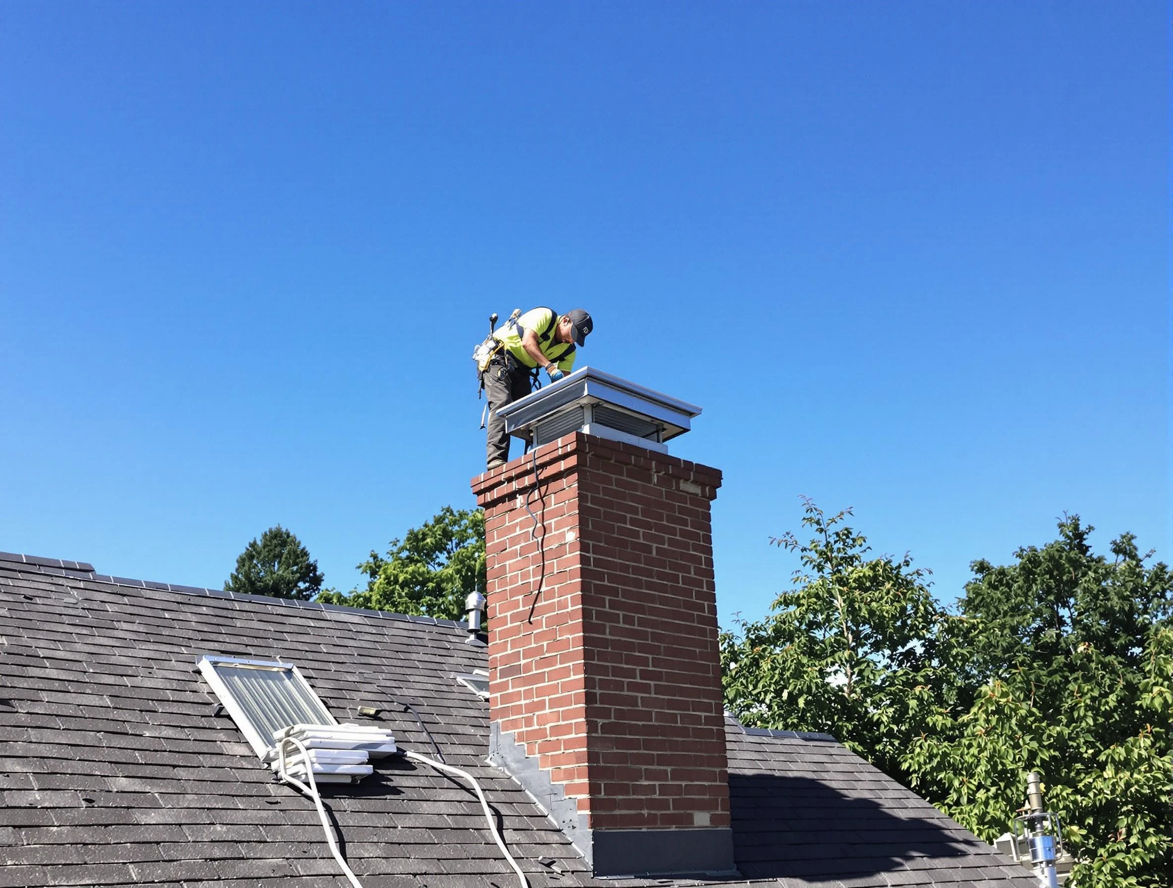 Cambridge Chimney Sweep technician measuring a chimney cap in Cambridge, MA